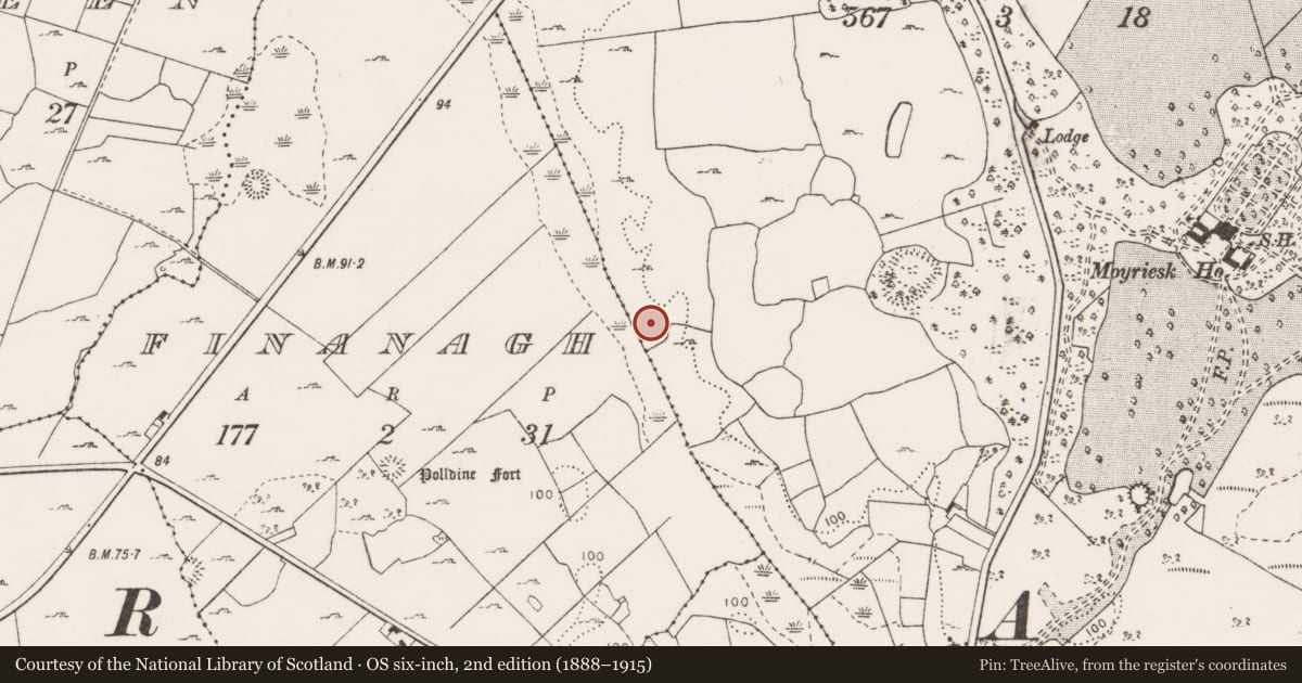 Ordnance Survey six-inch map, 2nd edition (1888–1915) covering the location of Burnt mound, Moyriesk, County Clare, with a pin at the register's coordinates