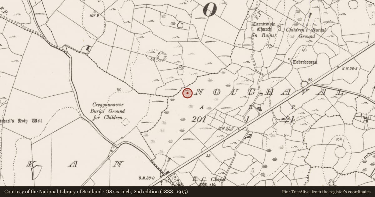 Ordnance Survey six-inch map, 2nd edition (1888–1915) covering the location of Fulacht fia, Noughaval, County Clare, with a pin at the register's coordinates
