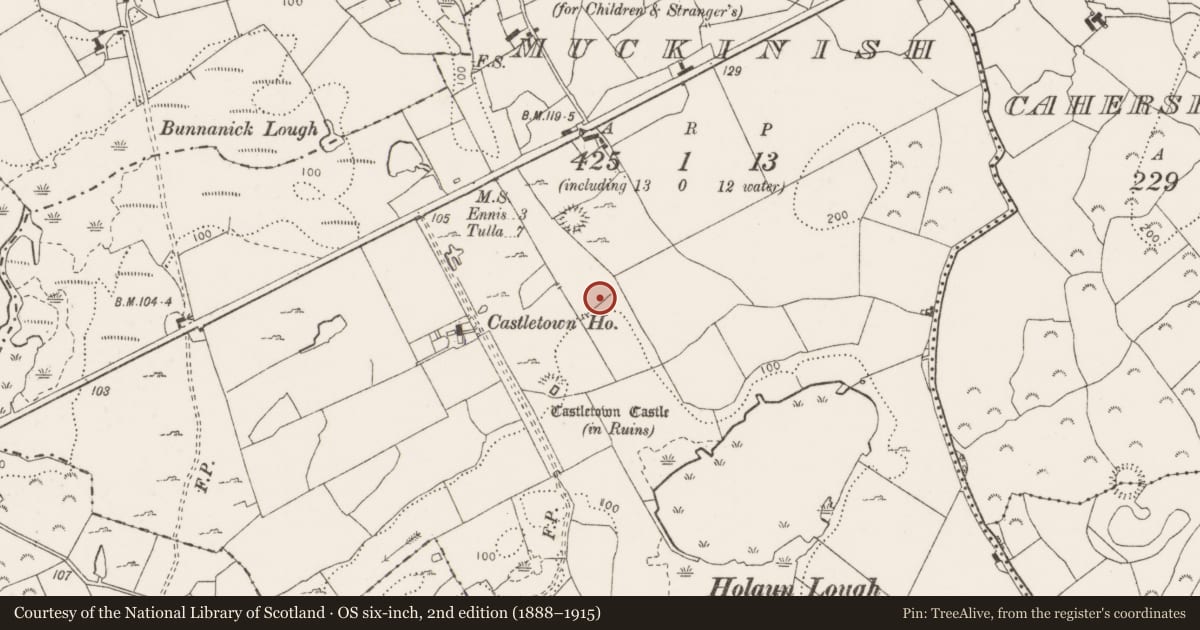 Ordnance Survey six-inch map, 2nd edition (1888–1915) covering the location of Fulacht fia, Muckinish, County Clare, with a pin at the register's coordinates