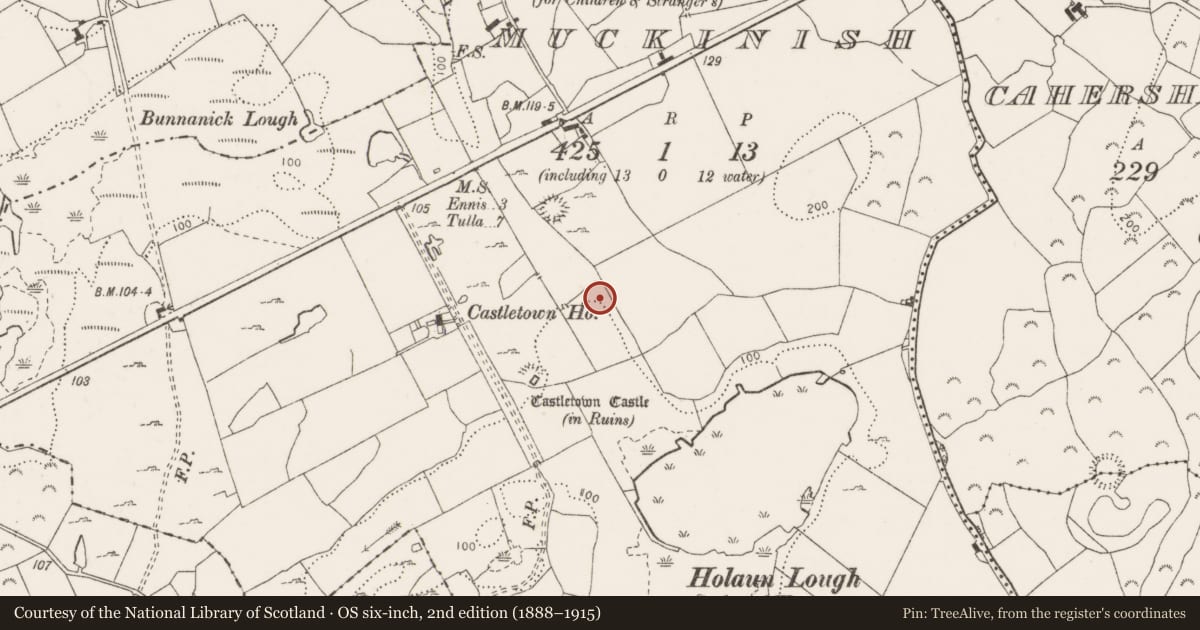 Ordnance Survey six-inch map, 2nd edition (1888–1915) covering the location of Fulacht fia, Muckinish, County Clare, with a pin at the register's coordinates