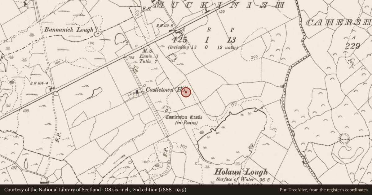 Ordnance Survey six-inch map, 2nd edition (1888–1915) covering the location of Fulacht fia, Muckinish, County Clare, with a pin at the register's coordinates
