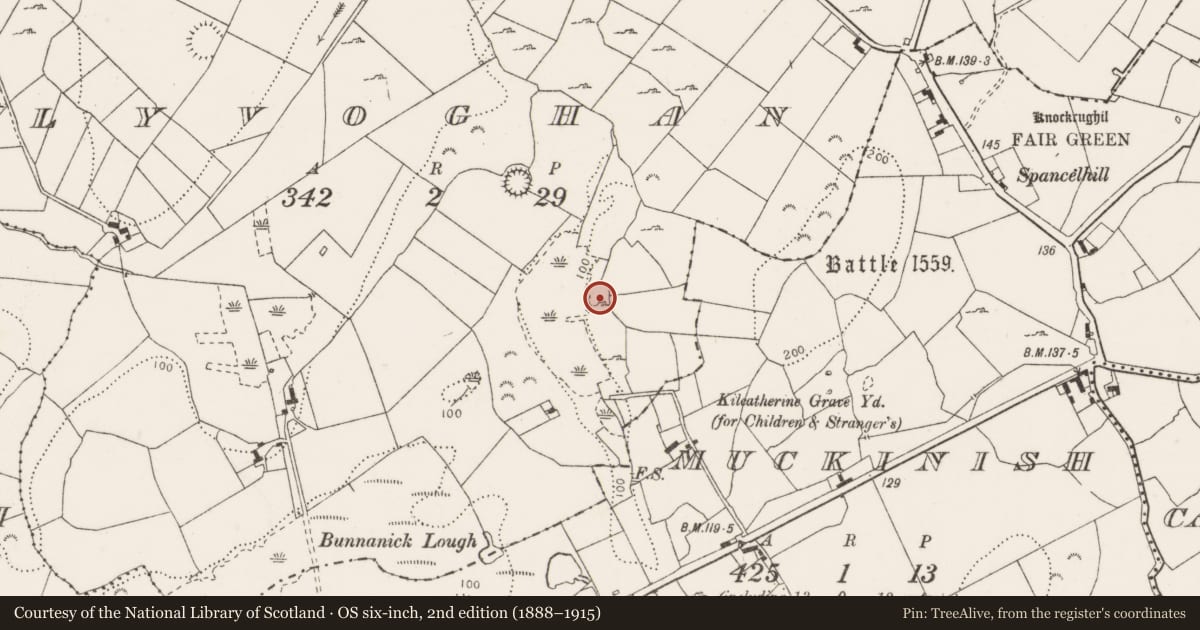 Ordnance Survey six-inch map, 2nd edition (1888–1915) covering the location of Burnt mound, Tullyvoghan, County Clare, with a pin at the register's coordinates