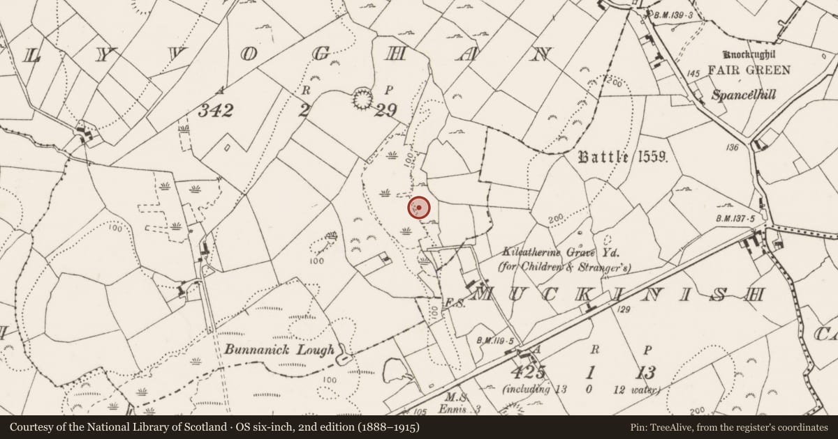 Ordnance Survey six-inch map, 2nd edition (1888–1915) covering the location of Burnt mound, Tullyvoghan, County Clare, with a pin at the register's coordinates