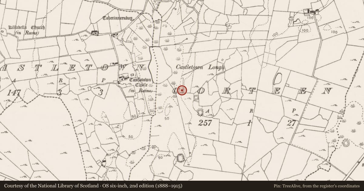 Ordnance Survey six-inch map, 2nd edition (1888–1915) covering the location of Fulacht fia, Gorteen, County Clare, with a pin at the register's coordinates