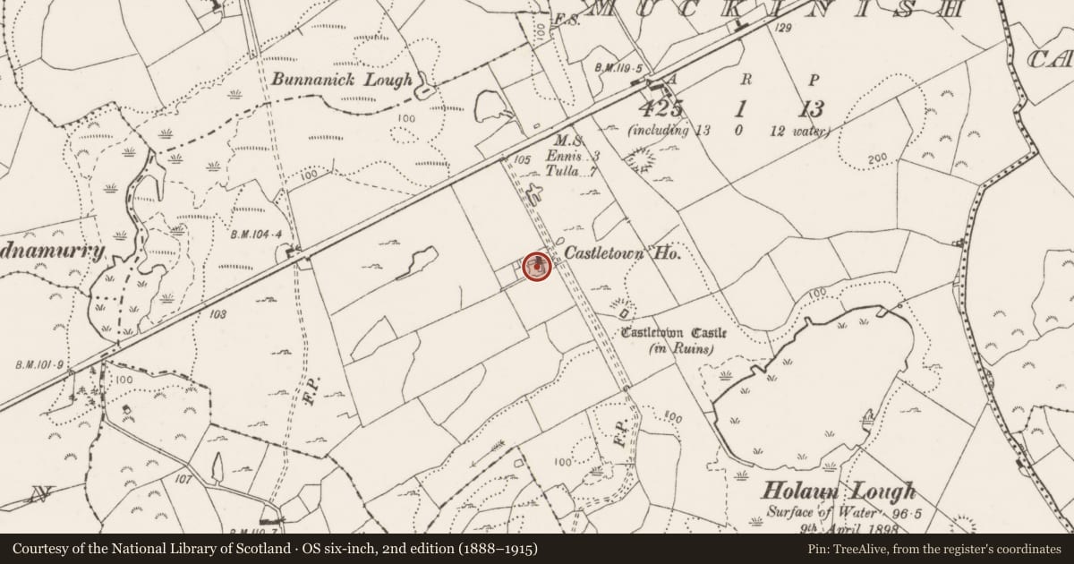 Ordnance Survey six-inch map, 2nd edition (1888–1915) covering the location of Architectural fragment, Muckinish, County Clare, with a pin at the register's coordinates