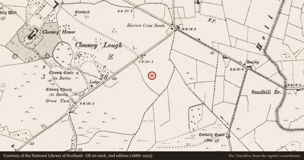 Ordnance Survey six-inch map, 2nd edition (1888–1915) covering the location of Standing stone, Clooney, County Clare, with a pin at the register's coordinates