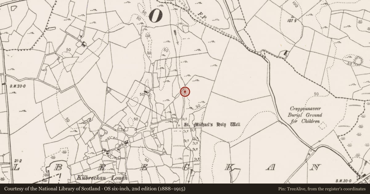 Ordnance Survey six-inch map, 2nd edition (1888–1915) covering the location of Burnt mound, Kilbreckan, County Clare, with a pin at the register's coordinates