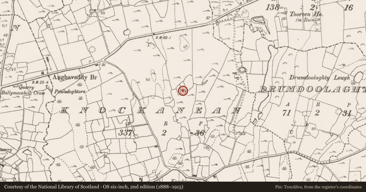 Ordnance Survey six-inch map, 2nd edition (1888–1915) covering the location of Enclosure, Knockanean, County Clare, with a pin at the register's coordinates