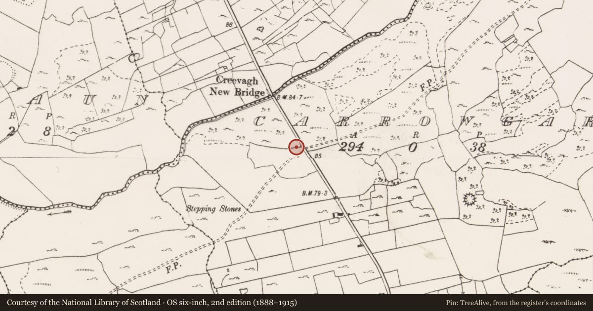 Ordnance Survey six-inch map, 2nd edition (1888–1915) covering the location of Children's burial ground, Carrowgar, County Clare, with a pin at the register's coordinates