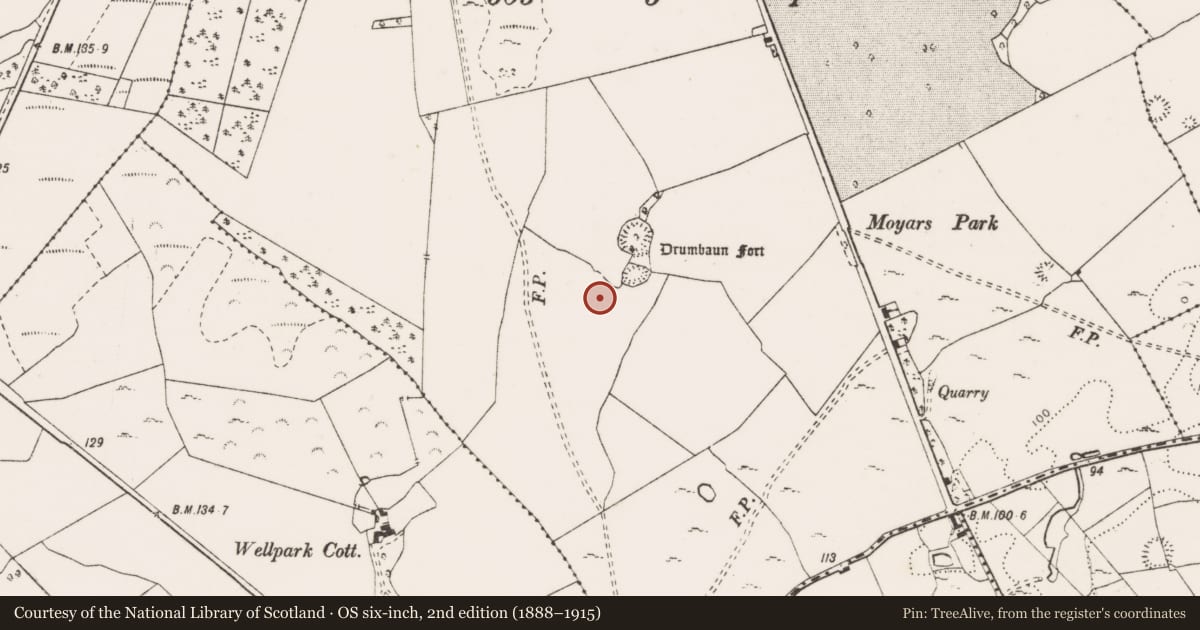 Ordnance Survey six-inch map, 2nd edition (1888–1915) covering the location of Enclosure, Corbally, County Clare, with a pin at the register's coordinates