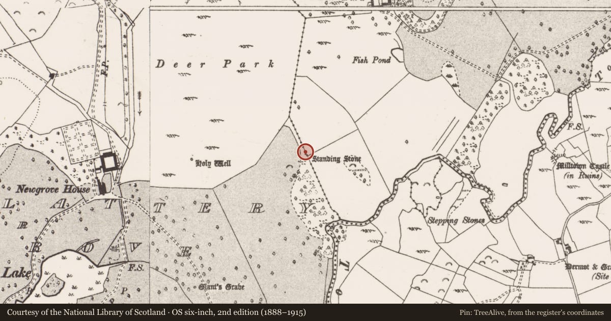 Ordnance Survey six-inch map, 2nd edition (1888–1915) covering the location of Standing stone, Ballyslattery Or Newgrove, County Clare, with a pin at the register's coordinates