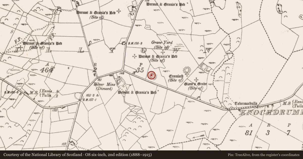 Ordnance Survey six-inch map, 2nd edition (1888–1915) covering the location of Henge, Milltown, County Clare, with a pin at the register's coordinates