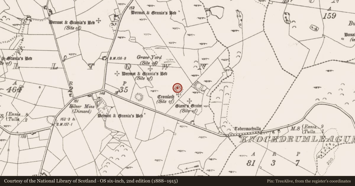 Ordnance Survey six-inch map, 2nd edition (1888–1915) covering the location of Enclosure, Milltown, County Clare, with a pin at the register's coordinates