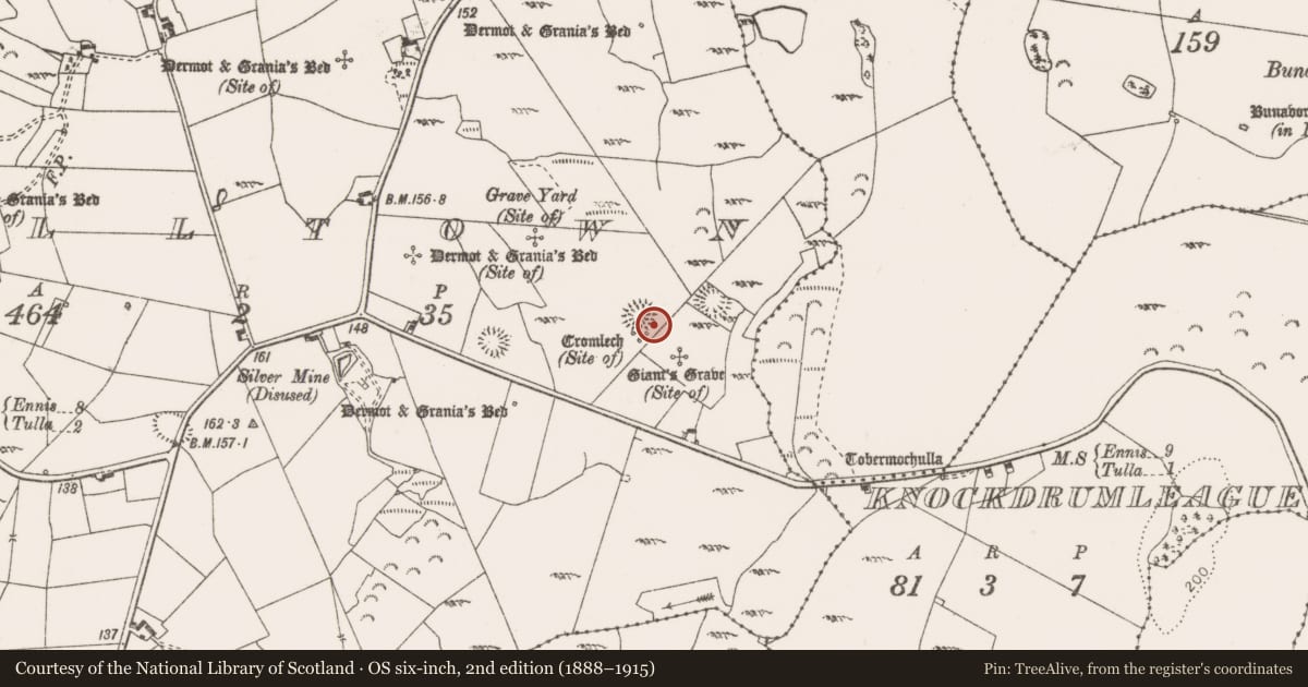 Ordnance Survey six-inch map, 2nd edition (1888–1915) covering the location of Standing stone, Milltown, County Clare, with a pin at the register's coordinates