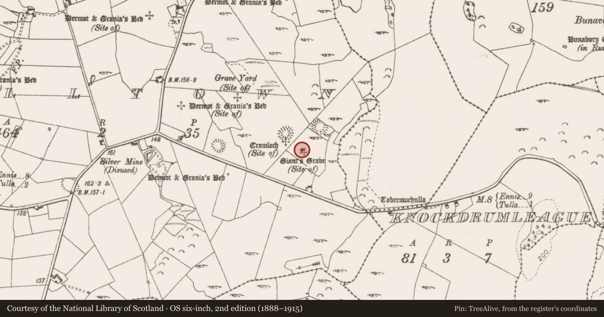 Ordnance Survey six-inch map, 2nd edition (1888–1915) covering the location of Megalithic tomb - unclassified, Milltown, County Clare, with a pin at the register's coordinates