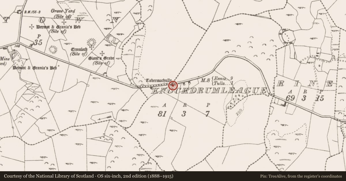 Ordnance Survey six-inch map, 2nd edition (1888–1915) covering the location of Ritual site - holy well, Knockdrumleague, County Clare, with a pin at the register's coordinates