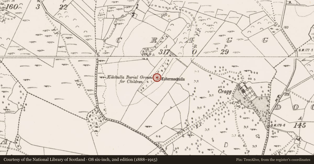 Ordnance Survey six-inch map, 2nd edition (1888–1915) covering the location of Children's burial ground, Cragg, County Clare, with a pin at the register's coordinates