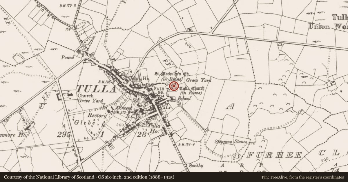 Ordnance Survey six-inch map, 2nd edition (1888–1915) covering the location of Ecclesiastical enclosure, Tulla, County Clare, with a pin at the register's coordinates