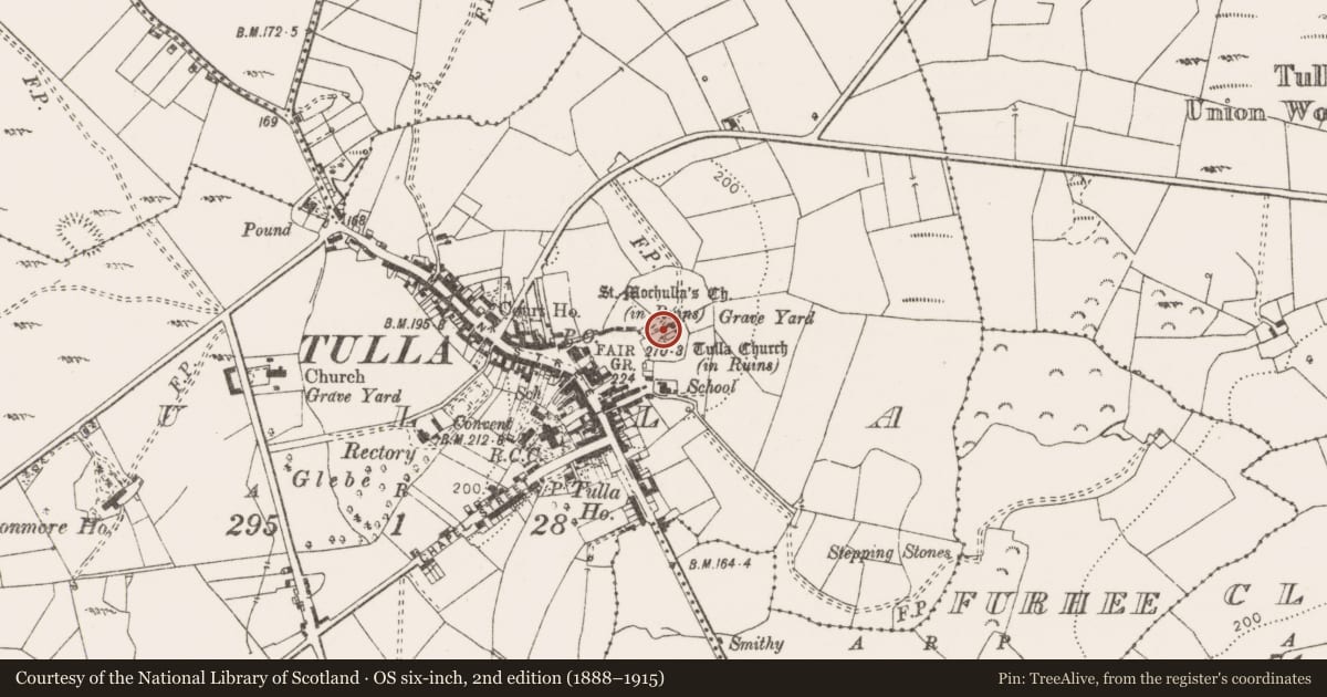 Ordnance Survey six-inch map, 2nd edition (1888–1915) covering the location of Church, Tulla, County Clare, with a pin at the register's coordinates