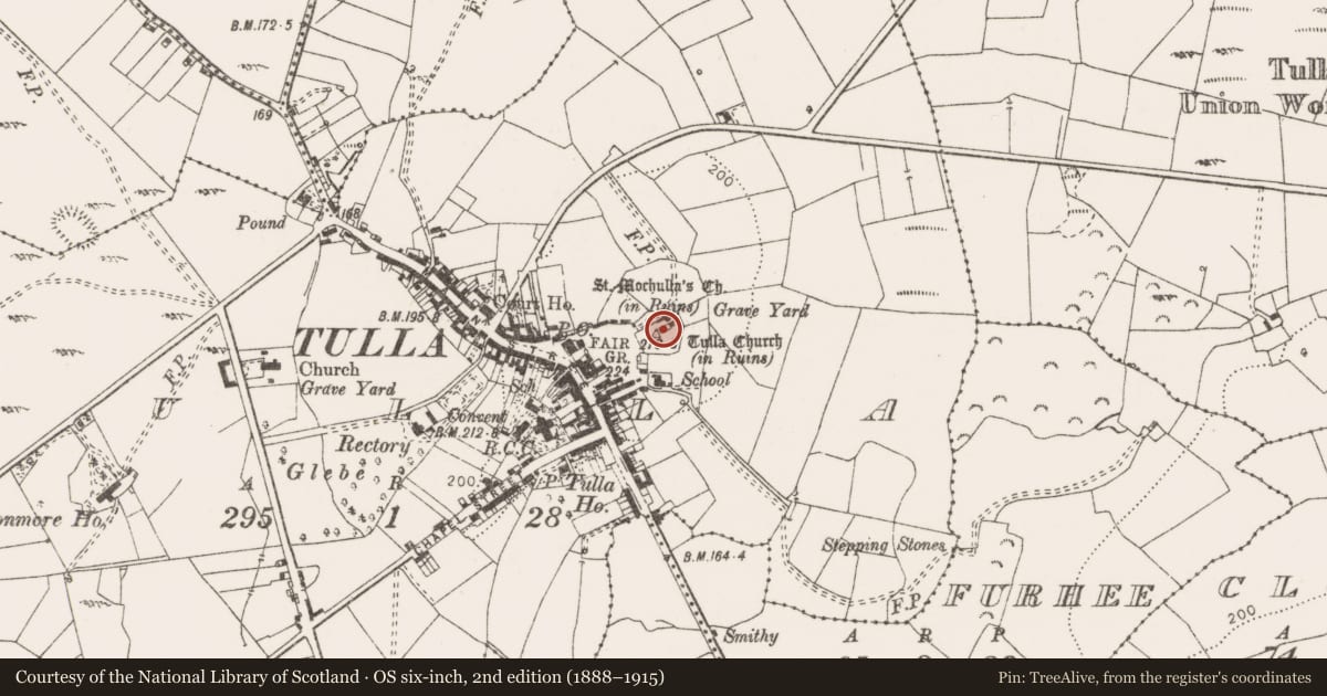 Ordnance Survey six-inch map, 2nd edition (1888–1915) covering the location of Church, Tulla, County Clare, with a pin at the register's coordinates