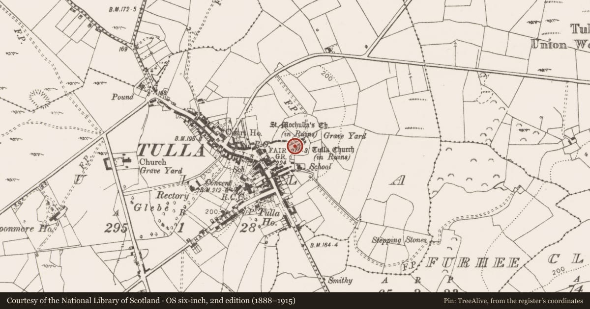 Ordnance Survey six-inch map, 2nd edition (1888–1915) covering the location of Castle - unclassified, Tulla, County Clare, with a pin at the register's coordinates