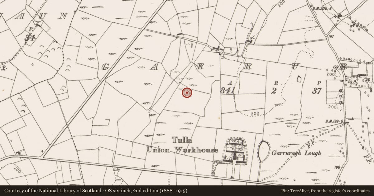 Ordnance Survey six-inch map, 2nd edition (1888–1915) covering the location of Enclosure, Garruragh, County Clare, with a pin at the register's coordinates