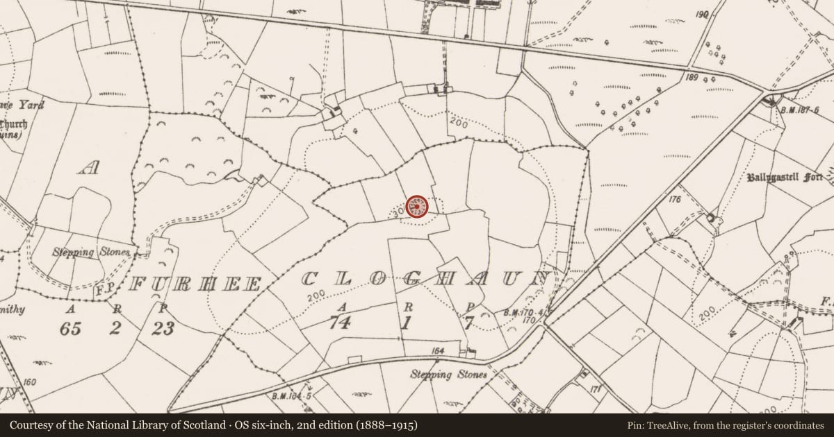 Ordnance Survey six-inch map, 2nd edition (1888–1915) covering the location of Enclosure, Cloghaun, County Clare, with a pin at the register's coordinates