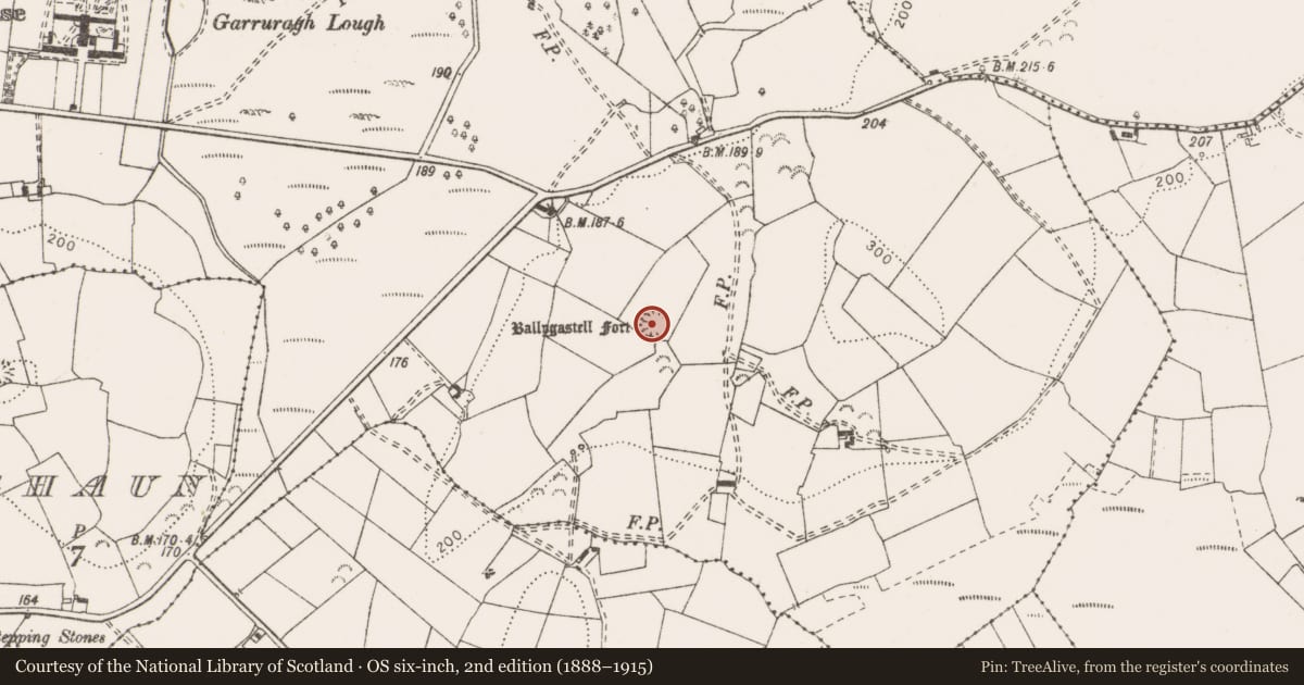 Ordnance Survey six-inch map, 2nd edition (1888–1915) covering the location of Ringfort - unclassified, Garruragh, County Clare, with a pin at the register's coordinates