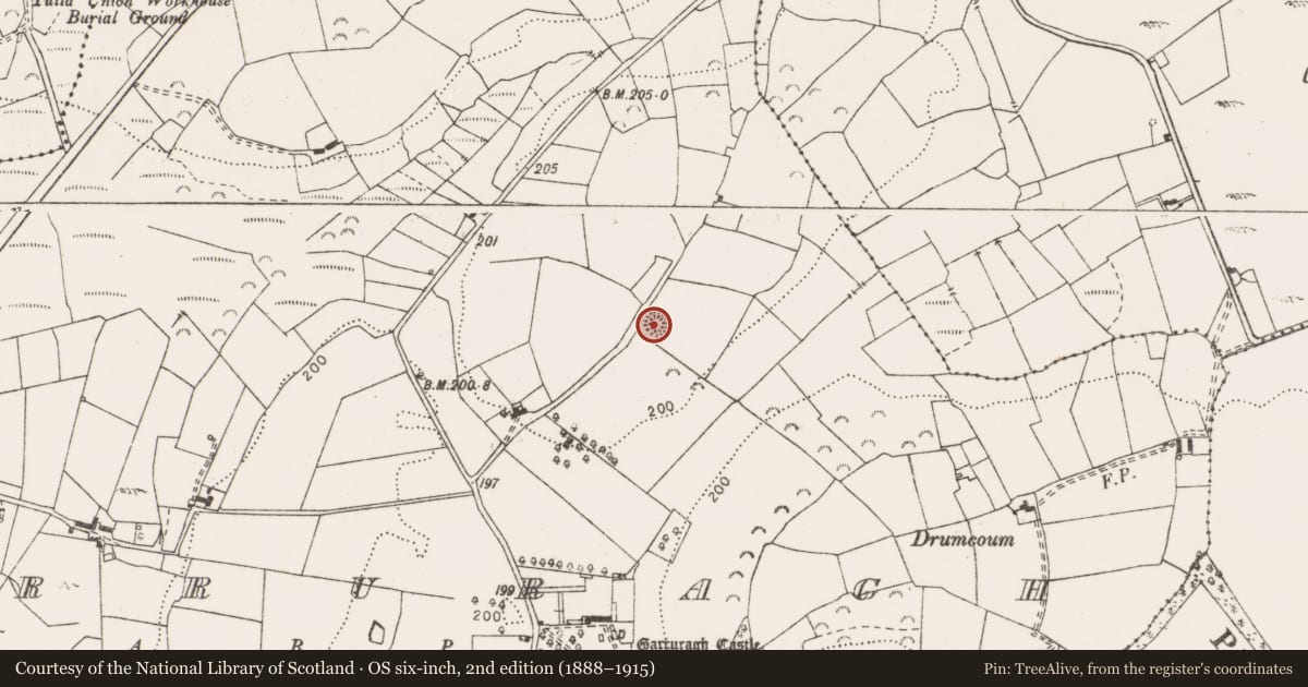 Ordnance Survey six-inch map, 2nd edition (1888–1915) covering the location of Enclosure, Garruragh, County Clare, with a pin at the register's coordinates