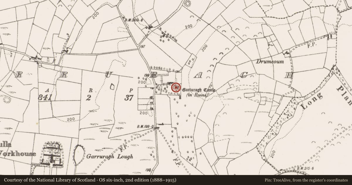 Ordnance Survey six-inch map, 2nd edition (1888–1915) covering the location of Castle - tower house, Garruragh, County Clare, with a pin at the register's coordinates