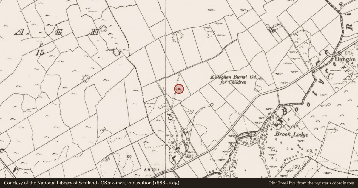 Ordnance Survey six-inch map, 2nd edition (1888–1915) covering the location of Enclosure, Caherloghan, County Clare, with a pin at the register's coordinates