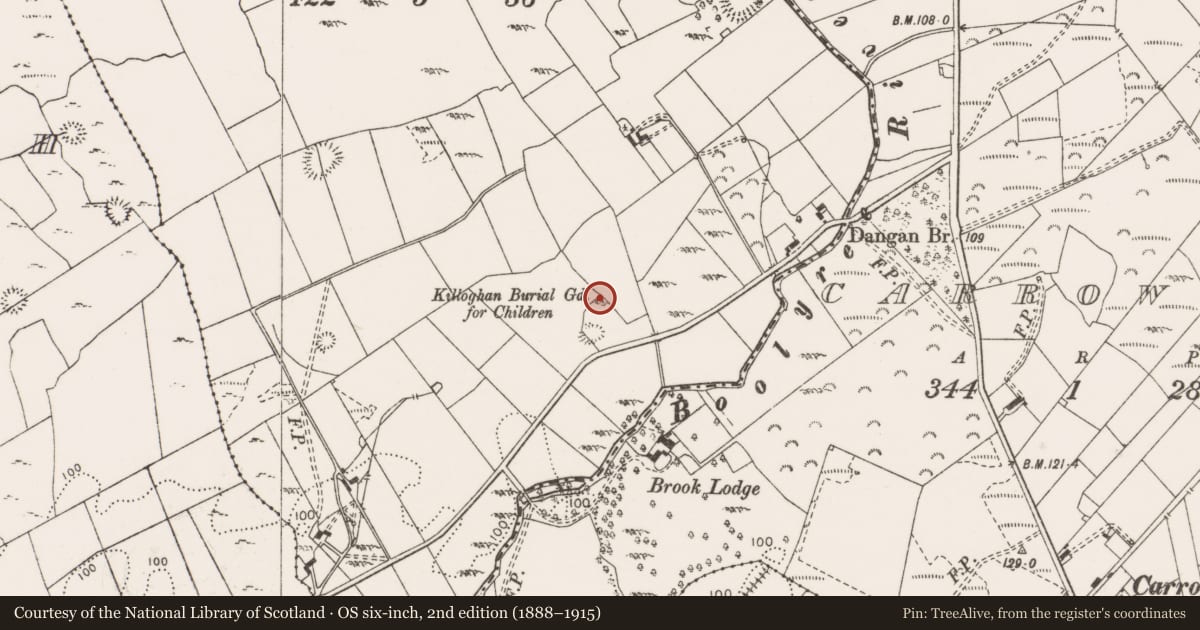 Ordnance Survey six-inch map, 2nd edition (1888–1915) covering the location of Children's burial ground, Caherloghan, County Clare, with a pin at the register's coordinates
