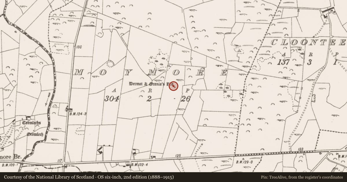 Ordnance Survey six-inch map, 2nd edition (1888–1915) covering the location of Megalithic tomb - wedge tomb, Moymore, County Clare, with a pin at the register's coordinates