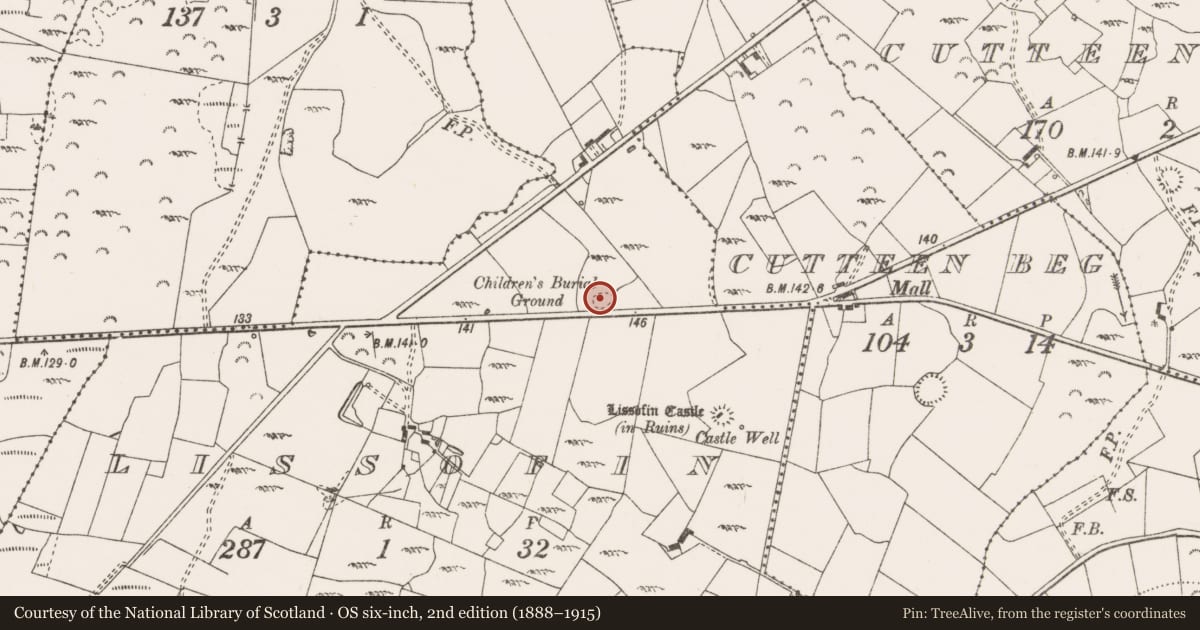 Ordnance Survey six-inch map, 2nd edition (1888–1915) covering the location of Children's burial ground, Lissofin, County Clare, with a pin at the register's coordinates
