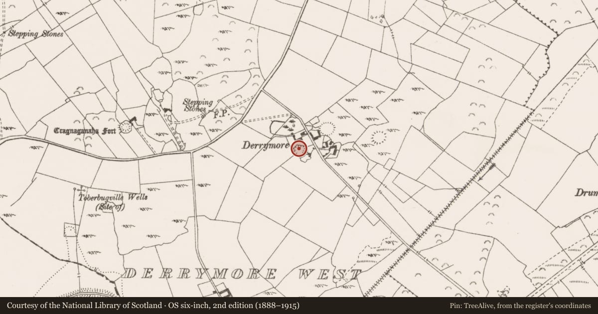 Ordnance Survey six-inch map, 2nd edition (1888–1915) covering the location of Enclosure, Derrymore West, County Clare, with a pin at the register's coordinates
