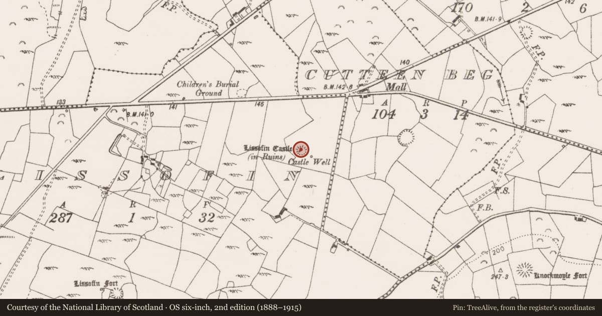 Ordnance Survey six-inch map, 2nd edition (1888–1915) covering the location of Earthwork, Lissofin, County Clare, with a pin at the register's coordinates