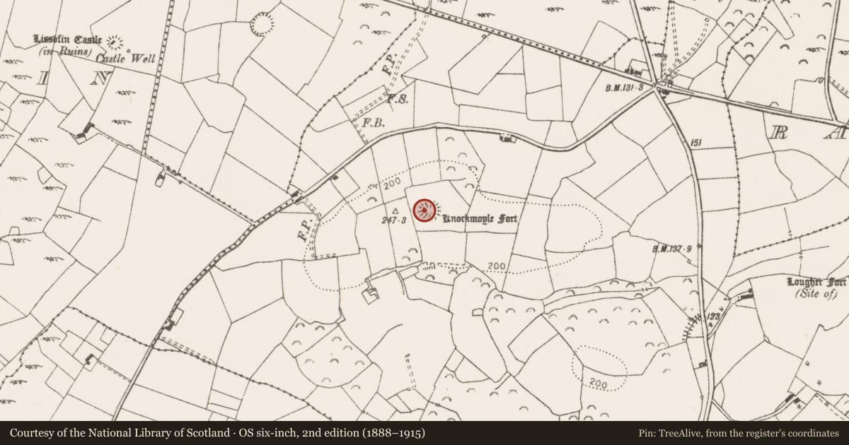 Ordnance Survey six-inch map, 2nd edition (1888–1915) covering the location of Enclosure, Ballyblood, County Clare, with a pin at the register's coordinates