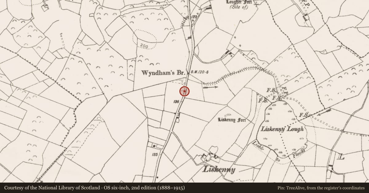 Ordnance Survey six-inch map, 2nd edition (1888–1915) covering the location of Burial ground, Ballyblood, County Clare, with a pin at the register's coordinates