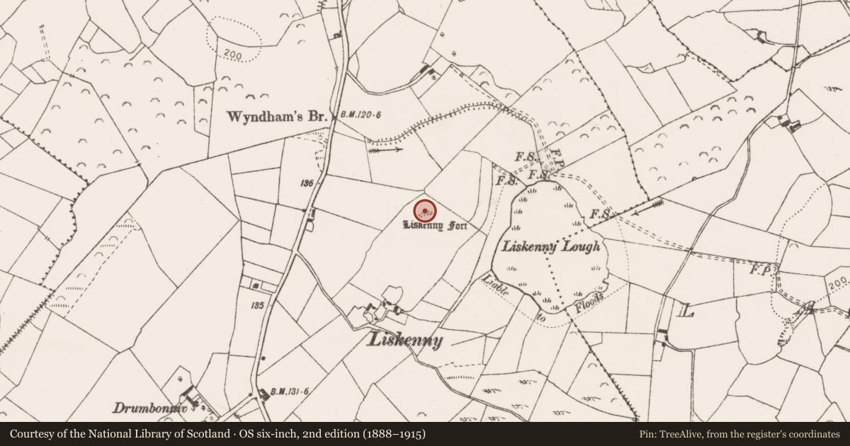 Ordnance Survey six-inch map, 2nd edition (1888–1915) covering the location of Ringfort - rath, Ballyblood, County Clare, with a pin at the register's coordinates