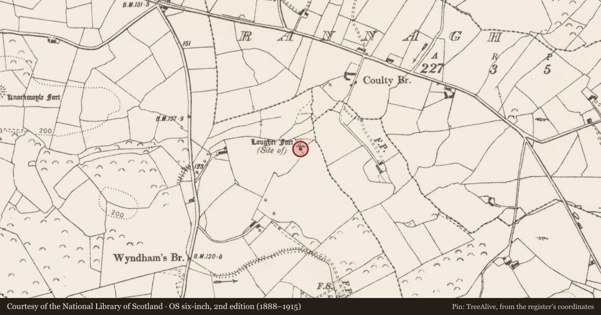Ordnance Survey six-inch map, 2nd edition (1888–1915) covering the location of Enclosure, Ballyblood, County Clare, with a pin at the register's coordinates