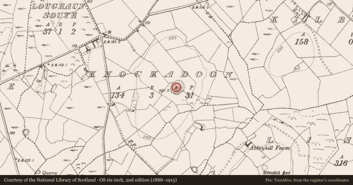 Ordnance Survey six-inch map, 2nd edition (1888–1915) covering the location of Hilltop enclosure, Knockadoon, County Clare, with a pin at the register's coordinates