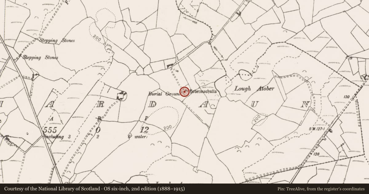 Ordnance Survey six-inch map, 2nd edition (1888–1915) covering the location of Burial ground, Lahardaun, County Clare, with a pin at the register's coordinates