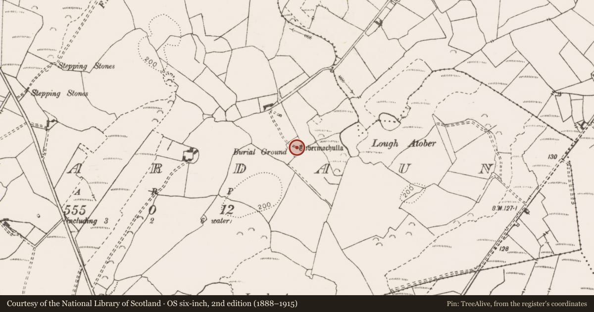 Ordnance Survey six-inch map, 2nd edition (1888–1915) covering the location of Ritual site - holy well, Lahardaun, County Clare, with a pin at the register's coordinates