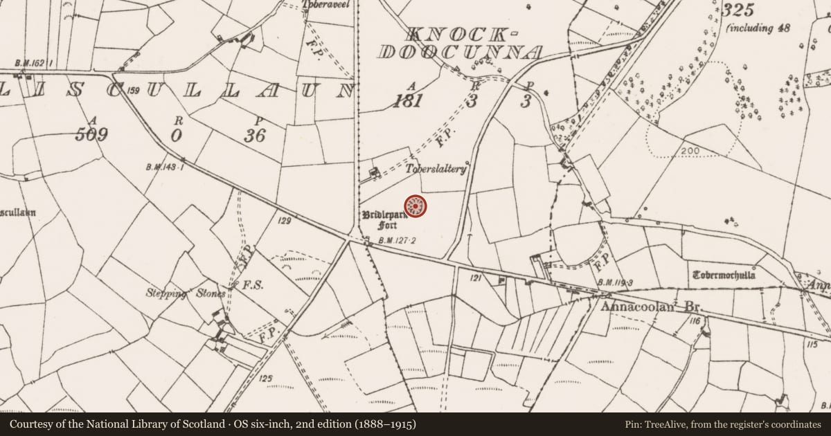 Ordnance Survey six-inch map, 2nd edition (1888–1915) covering the location of Enclosure, Knockdoocunna, County Clare, with a pin at the register's coordinates