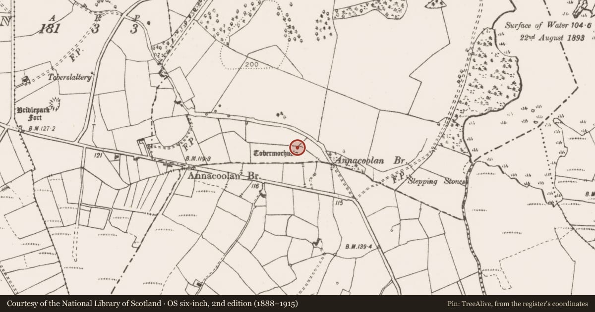 Ordnance Survey six-inch map, 2nd edition (1888–1915) covering the location of Ritual site - holy well, Kilgory, County Clare, with a pin at the register's coordinates