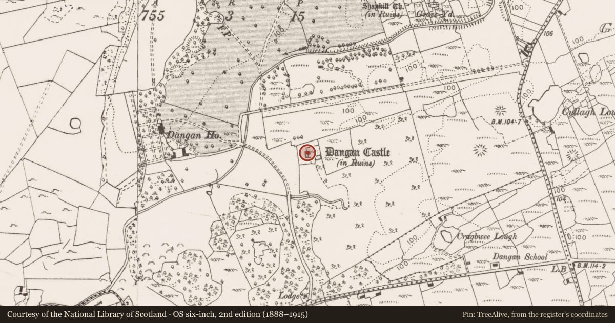 Ordnance Survey six-inch map, 2nd edition (1888–1915) covering the location of Castle - hall-house, Dangan, County Clare, with a pin at the register's coordinates