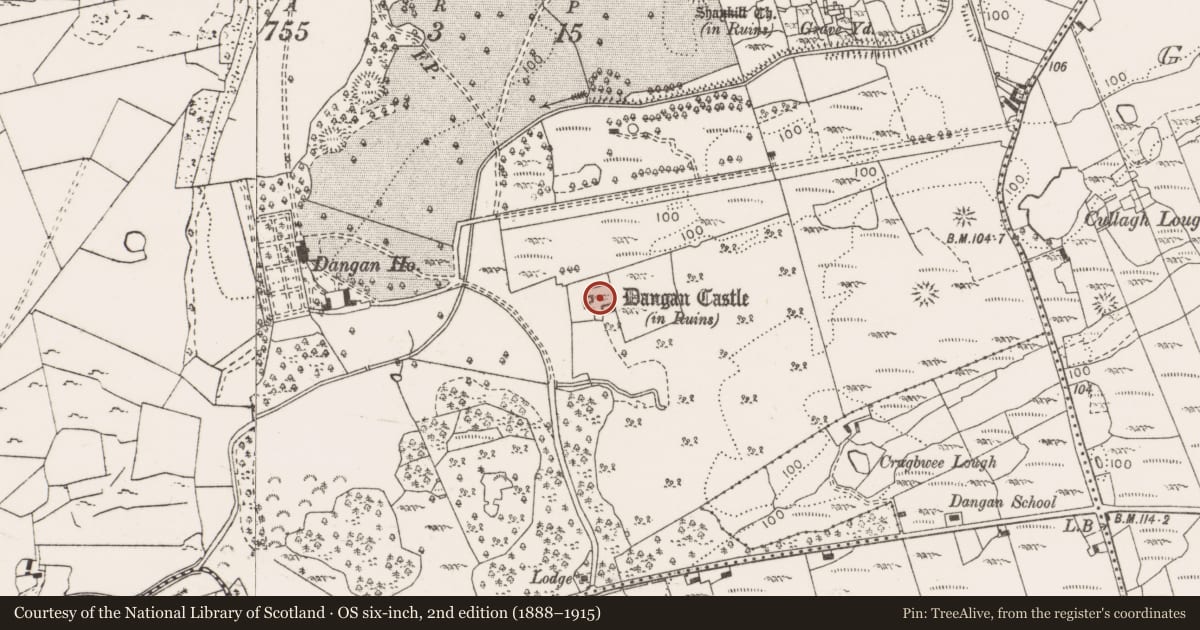 Ordnance Survey six-inch map, 2nd edition (1888–1915) covering the location of Bawn, Dangan, County Clare, with a pin at the register's coordinates
