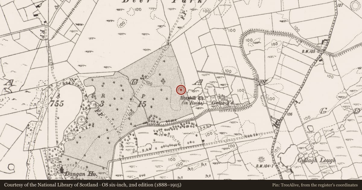 Ordnance Survey six-inch map, 2nd edition (1888–1915) covering the location of Enclosure, Dangan, County Clare, with a pin at the register's coordinates