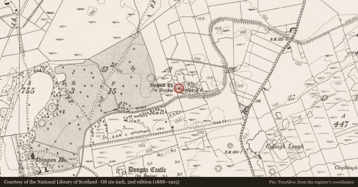 Ordnance Survey six-inch map, 2nd edition (1888–1915) covering the location of Graveyard, Dangan, County Clare, with a pin at the register's coordinates