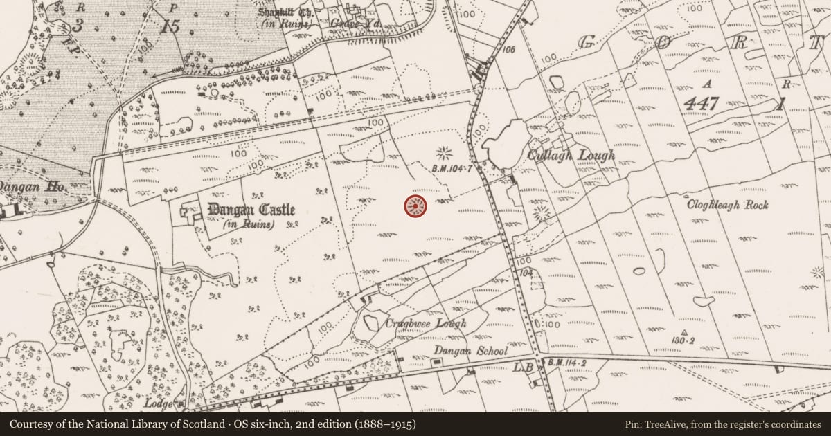 Ordnance Survey six-inch map, 2nd edition (1888–1915) covering the location of Ringfort - cashel, Dangan, County Clare, with a pin at the register's coordinates